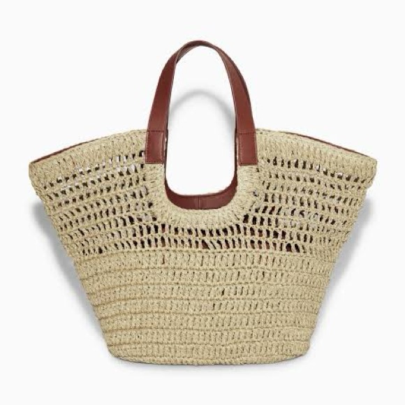 Woven Straw Tote Bag With Brown Handles